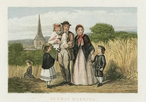 Gravure ancienne intitulée Sunday Morning illustrant le bonheur paisible de la campagne